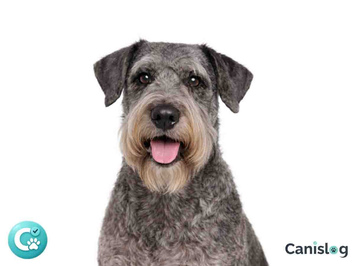 Kompakter tschechischer Terrier mit seidigem, leicht gewelltem Fell und markantem Bart – aufmerksam im Stand