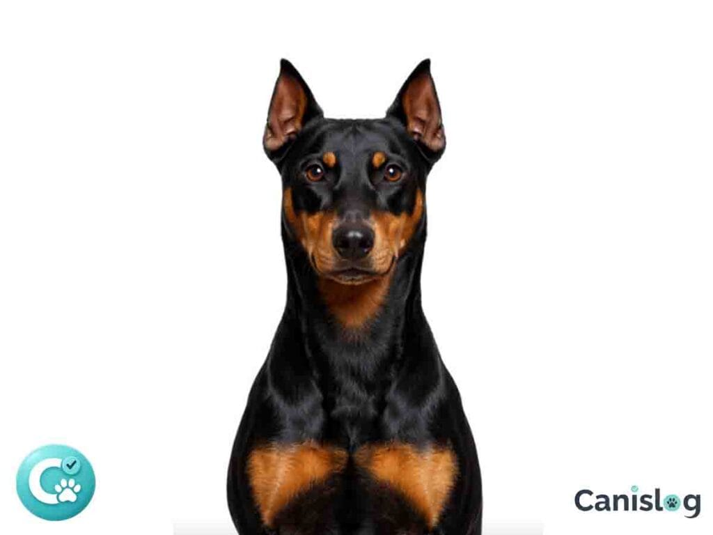 Deutscher Pinscher im Standprofil mit wachem Ausdruck