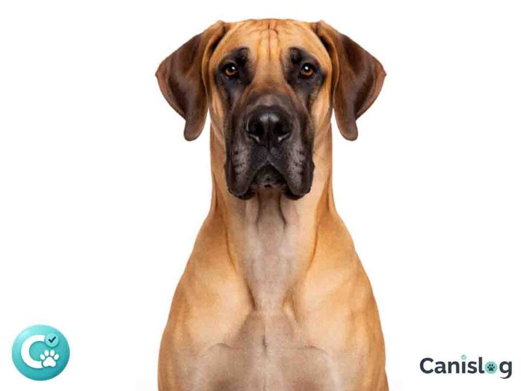 Deutsche Dogge von vorne vor weißem Hintergrund