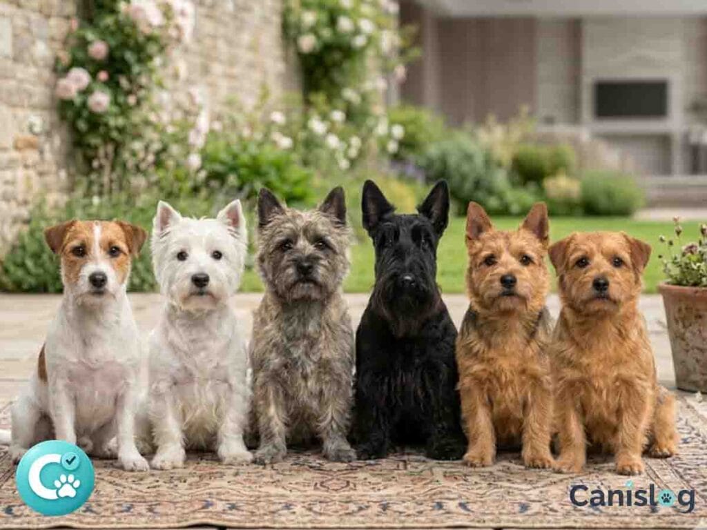 Eine Gruppe von sechs kleinen Terrier-Rassen sitzt gemeinsam auf einem Teppich im Garten.