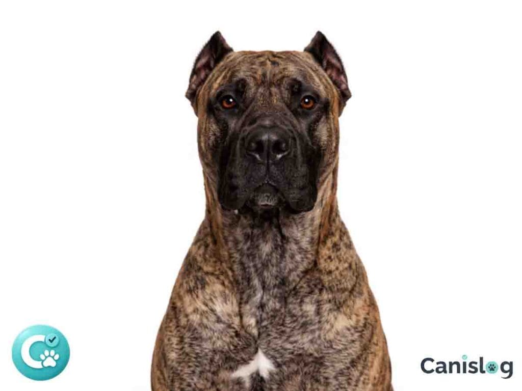 Presa Canario von vorne vor weißem Hintergrund