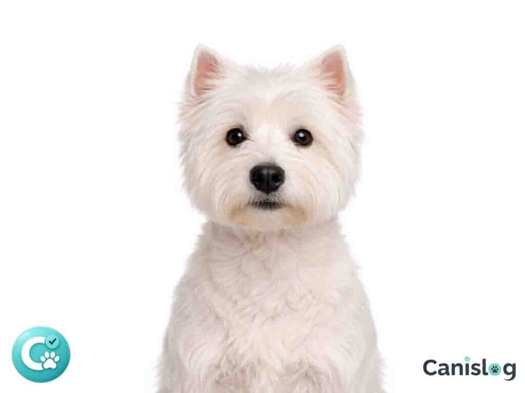 West Highland White Terrier von vorne vor weißem Hintergrund