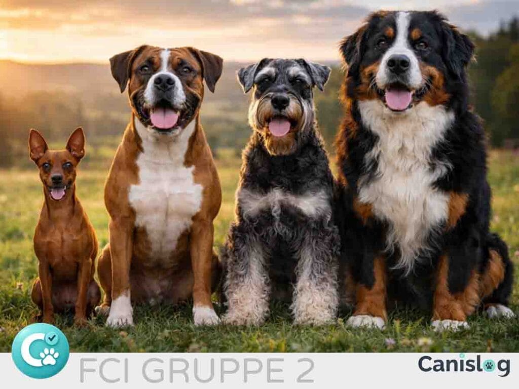 Miniature Pinscher, Boxer, Schnauzer und Berner Sennenhund nebeneinander im Freien mit korrekten Größenverhältnissen