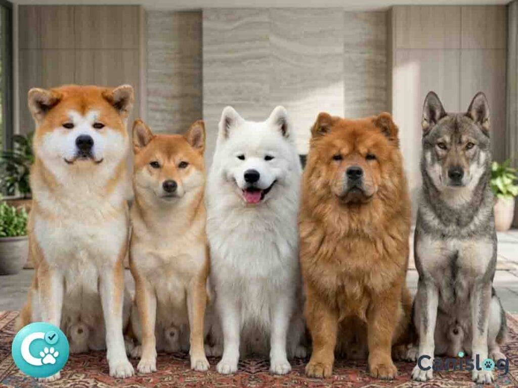 Fünf asiatische Spitzhunde, darunter ein weißer Samojede und ein Akita, sitzen auf einem Teppich.