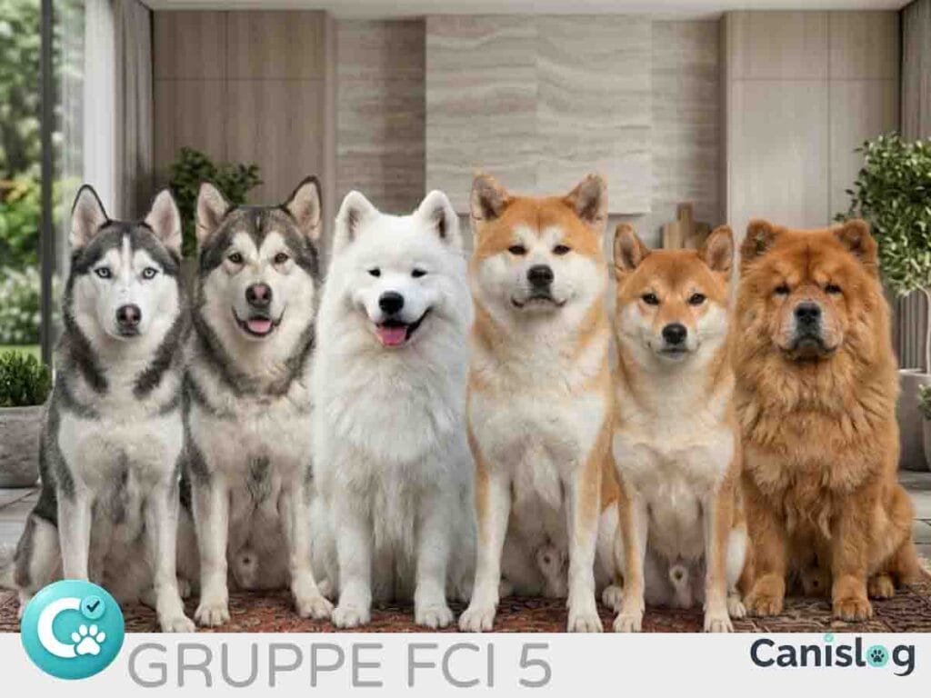 Eine Gruppe von Schlittenhunden und asiatischen Rassen wie Chow-Chow und Shiba Inu sitzen zusammen.