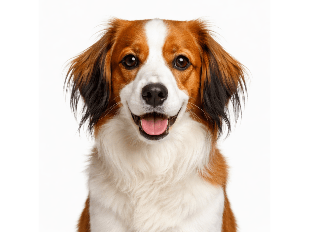Nederlandse Kooikerhondje von vorn vor weißem Hintergrund