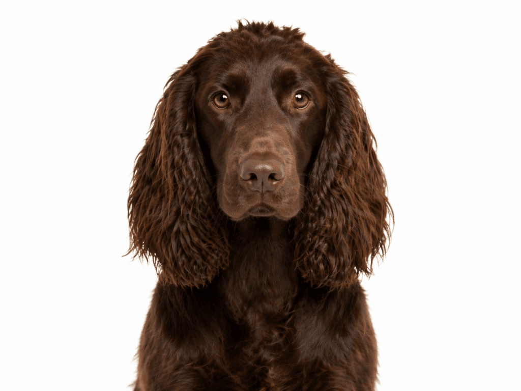 Field Spaniel von vorn vor weißem Hintergrund