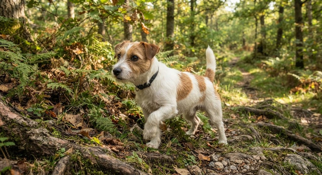 Kleiner Terrier bei einer Entdeckungstour im Wald