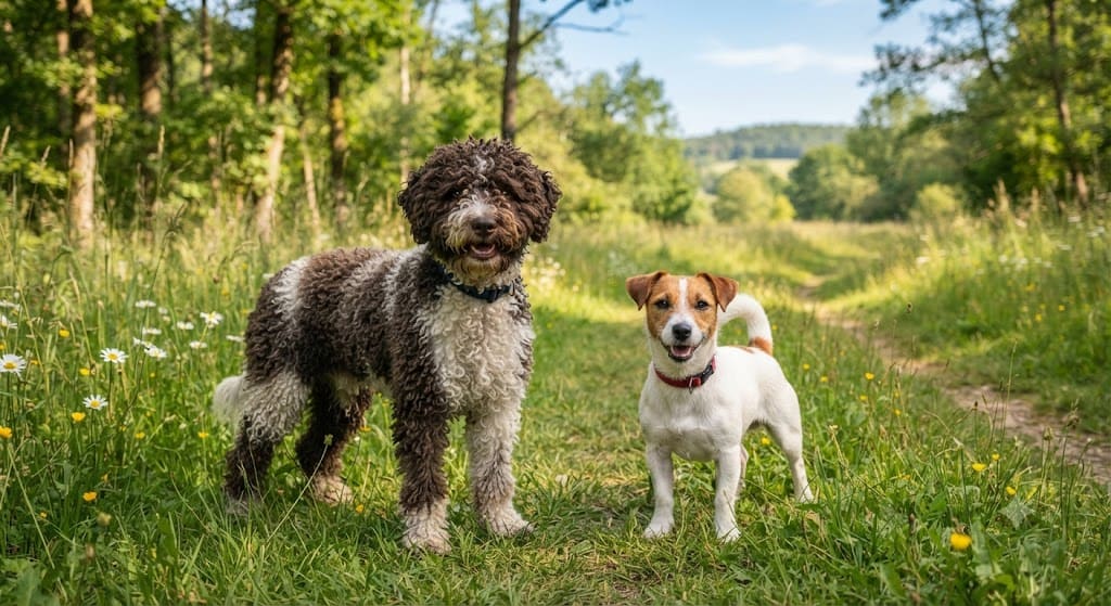 Wasserhund und kleiner Terrier im Vergleich